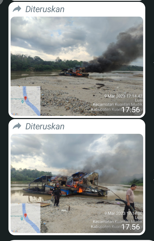 Penertiban PETI di Desa Banjar Guntung, dan Desa Luai Kecamatan Kuantan Mudik, Polsek Kuantan Mudik Bakar 2 (Dua) Rakit PETI 8 Screenshot 20230311 190200